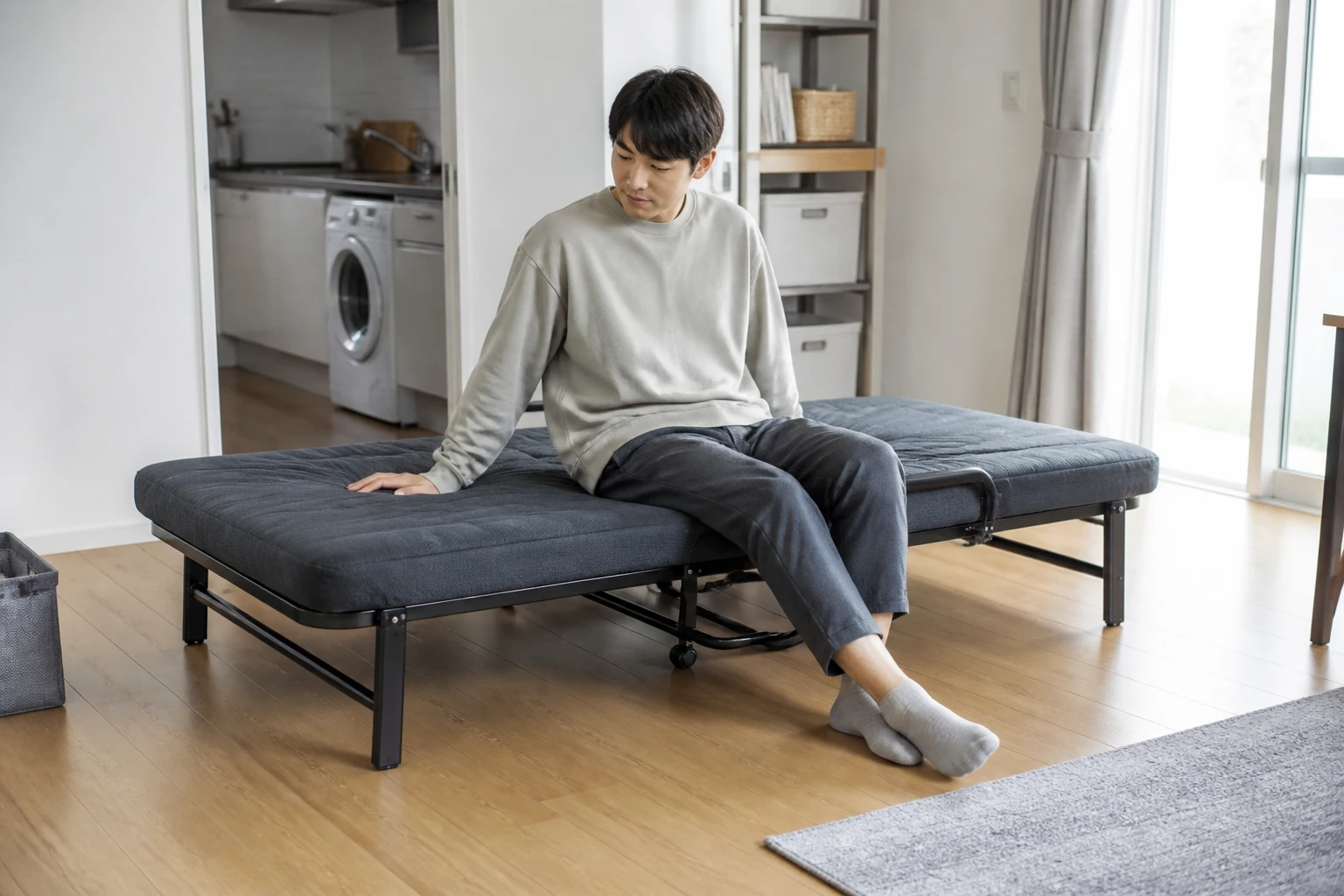 접이식 침대 설치와 사용 조건 점검 장면